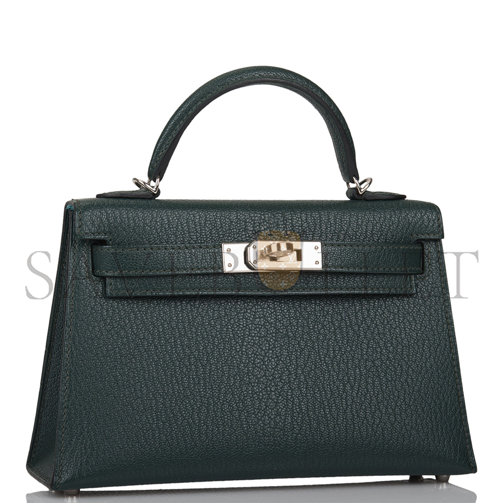 HERMÈS MASTER SELLIER KELLY II CHEVRE LEATHER TITAN GREEN WITH NORTHERN BLUE INSIDE (19*12*5.5cm) 